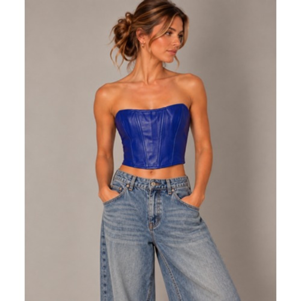 Princess Polly Corset Top Womens 2 Blue Faux Leather Zip Back Cropped Bustier
